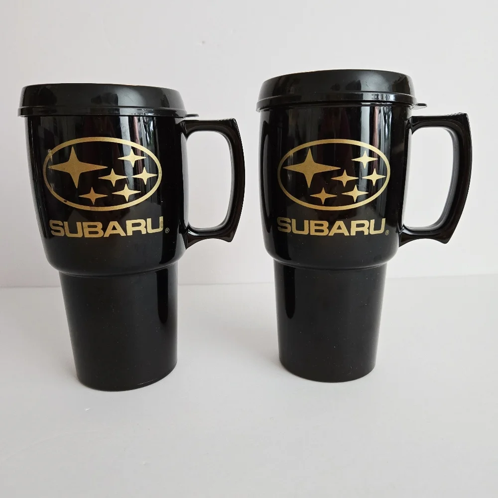 Subaru Car Travel Mugs Handles Plastic Sip Cups Lids Black Gold Collectibles